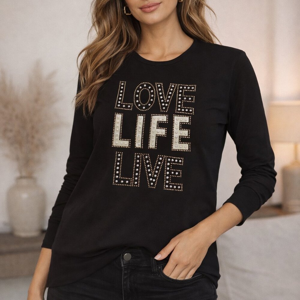 NWT Tricotto “Love Life Live” Embellished Black T-Shirt